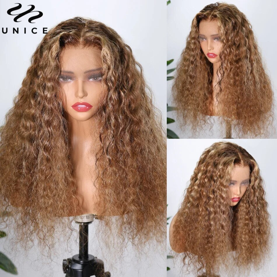 UNice Hair Mixed Brown Blonde Highlight Water Wave 13x4 Lace Front Wig Human Hair Preplucked HD Lace Wear Go Glueless Wig