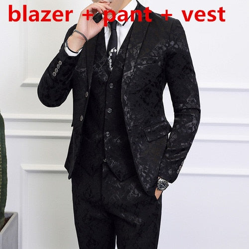 Left ROM Brand Luxury Men Wedding Suits Black/Blue Business Banquet Party Dress Sets Slim Fit Male Clothing