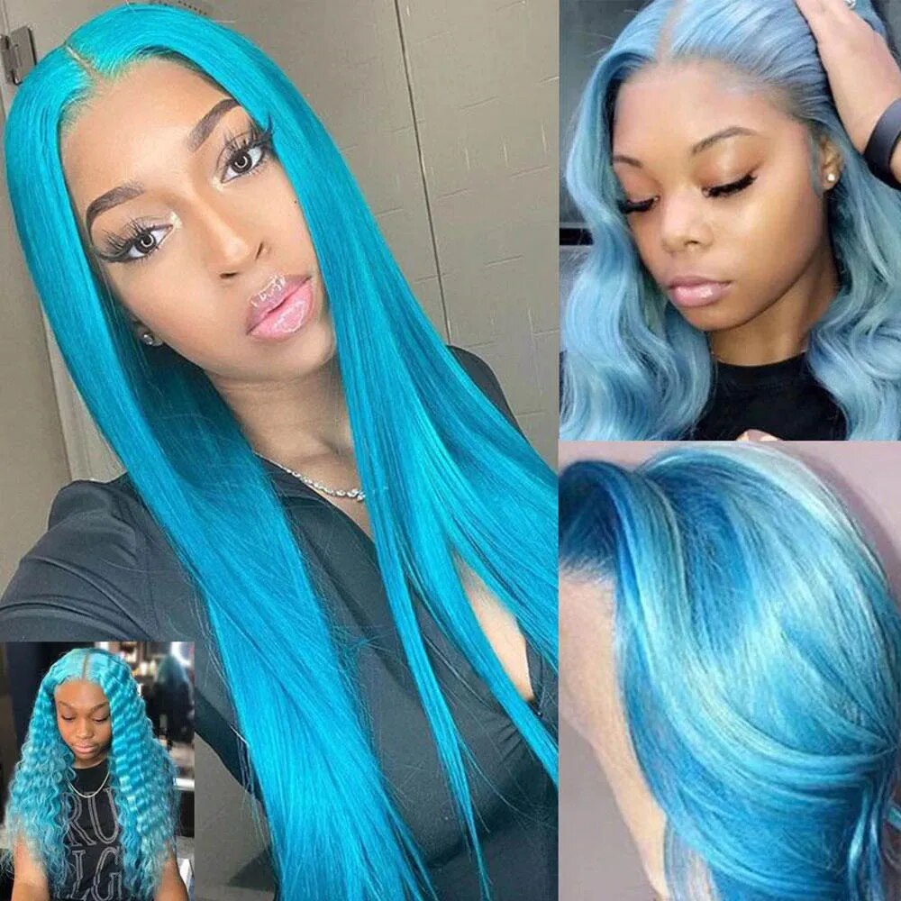 Light Blue 13x4 Lace Frontal Wigs 36 38 Inch Sky Blue Human Hair Lace Front Colored Wigs HD Transparent 13x1 Lace Part Wig 150%