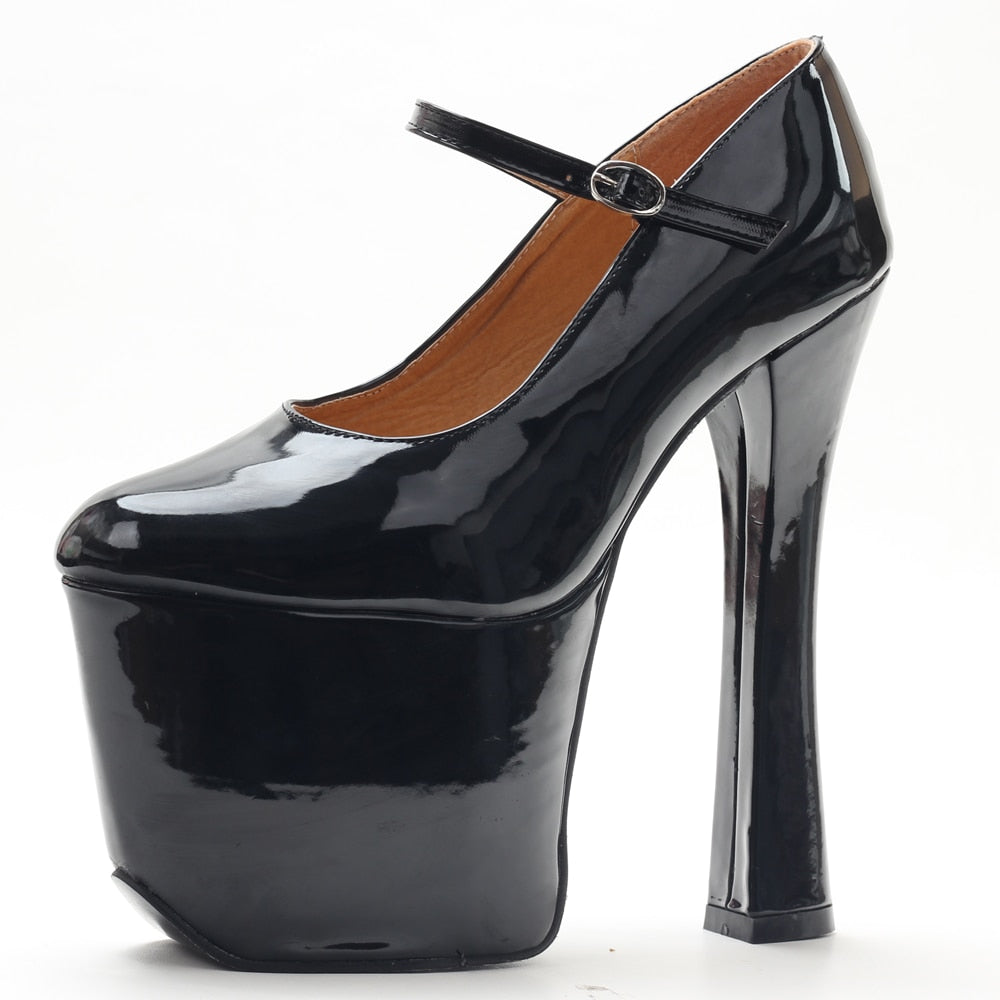 jialuowei Black patent platform Mary Janes Pumps with chunky 7 1/2" heel with 3 1/2" platform high heel pumps Cosplay shoes