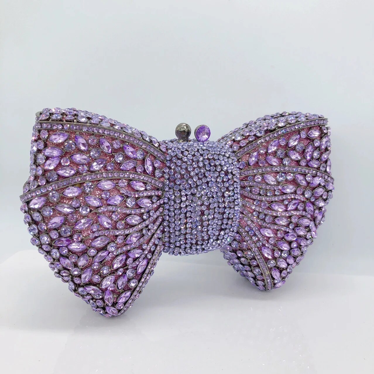 Light Purple Bow Rhinestone Evening Bag Hard Metal Crystal Wedding Handbags Bridal Party Cluches Diamond Women Cocktail Purses