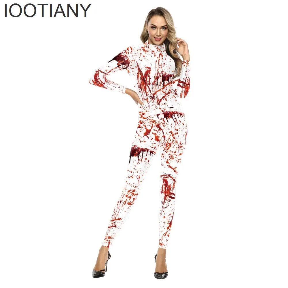 IOOTIANY Bloody Bloodstains 3D Print Women Sexy Jumpsuit Halloween Horror Carnival Cosplay Costumes Fancy Bodysuit Party Rompers