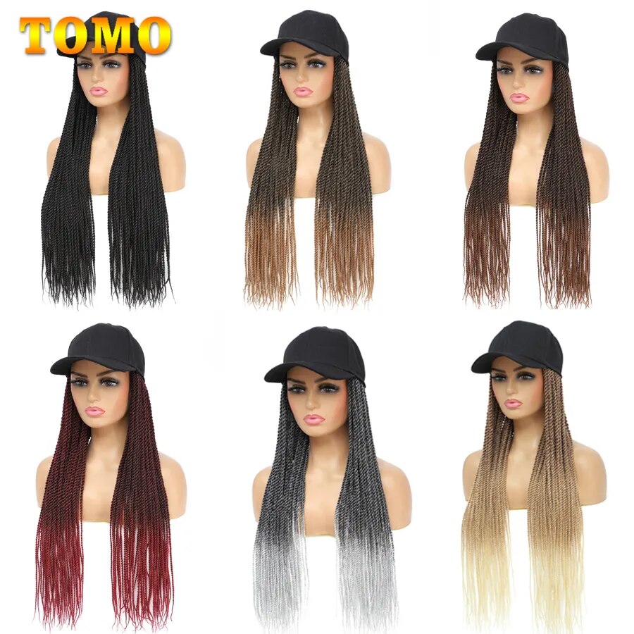 TOMO Baseball Cap With Senegalese Twist Synthetic Braids Hair Extensions Ombre Straight Hairstyle Adjustable Wig Hat For Women