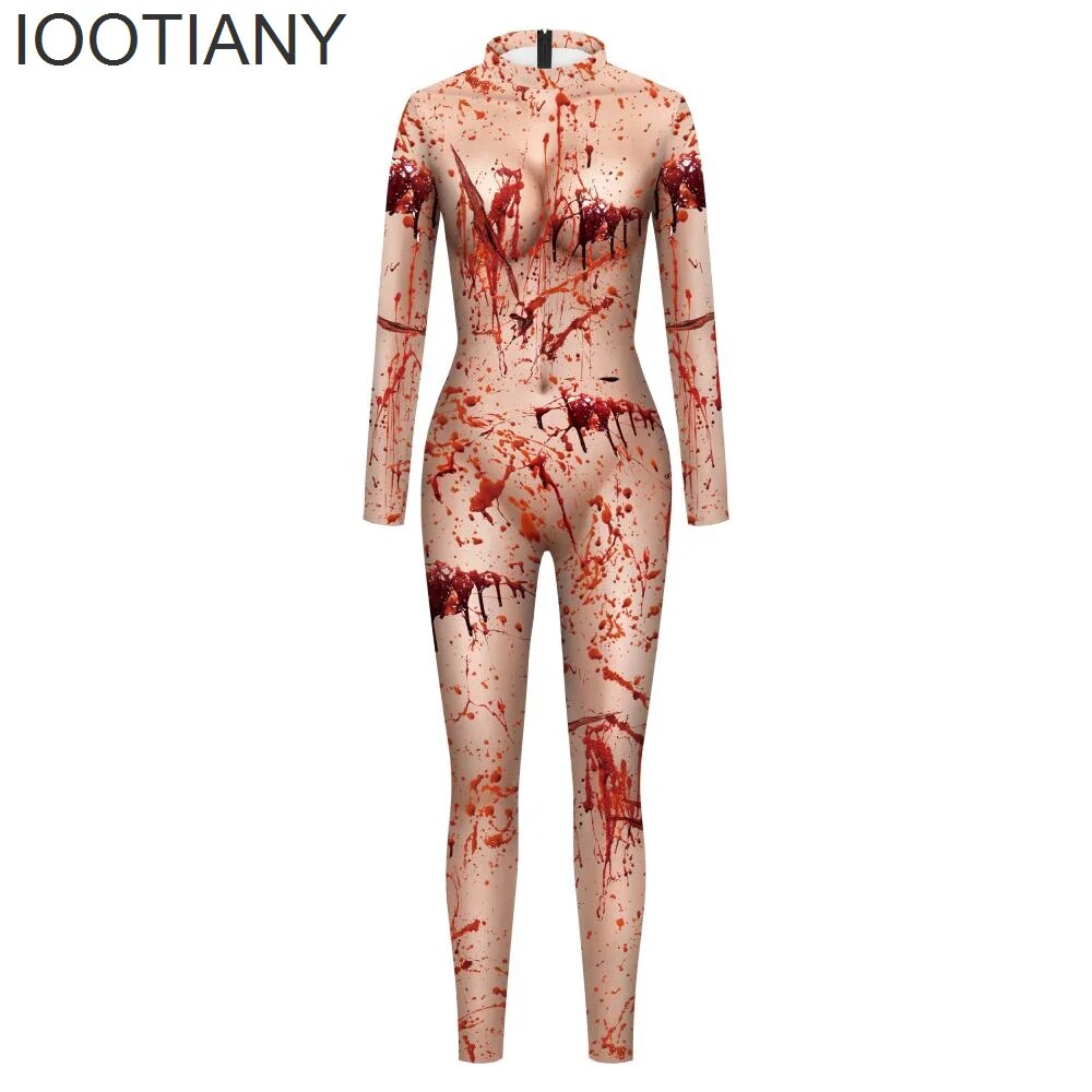 IOOTIANY Bloody Bloodstains 3D Print Women Sexy Jumpsuit Halloween Horror Carnival Cosplay Costumes Fancy Bodysuit Party Rompers