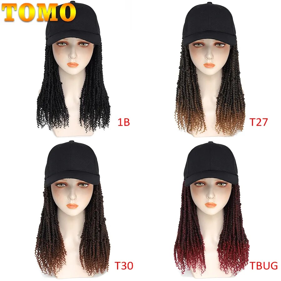 TOMO Short Mini Passion Twist Synthetic Hair with Adjustable Hat Wig Baseball Cap with 14" Spring Twist Crochet Hair Extensions