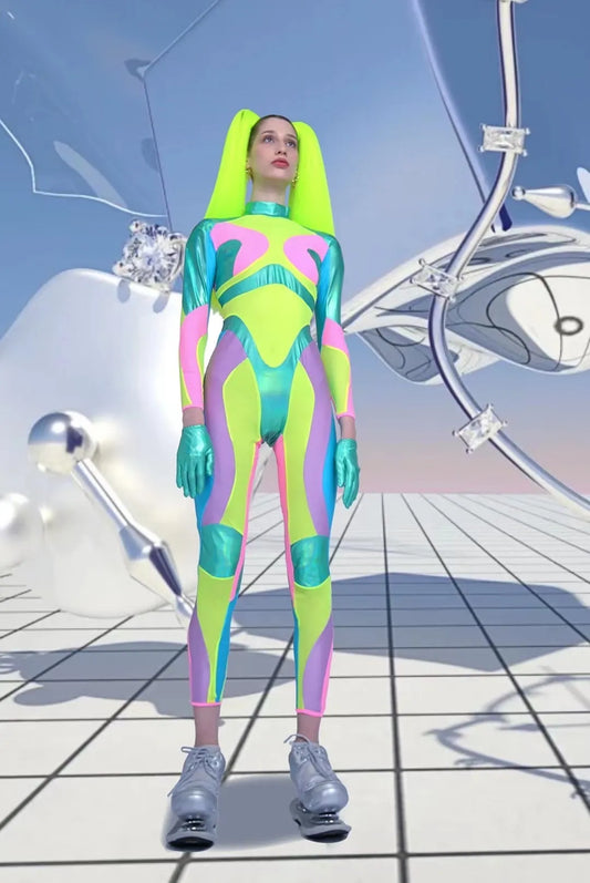 Green Holographic Bodysuit Gogo Costume for Dancers