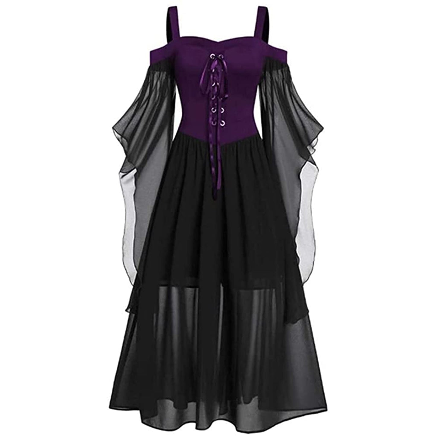 Halloween Witch Cosplay Costumes Gothic Off Shoulder Lace-up Vestidos Bandage Mesh Sheer A-line Long Party Xmas Dress for Women