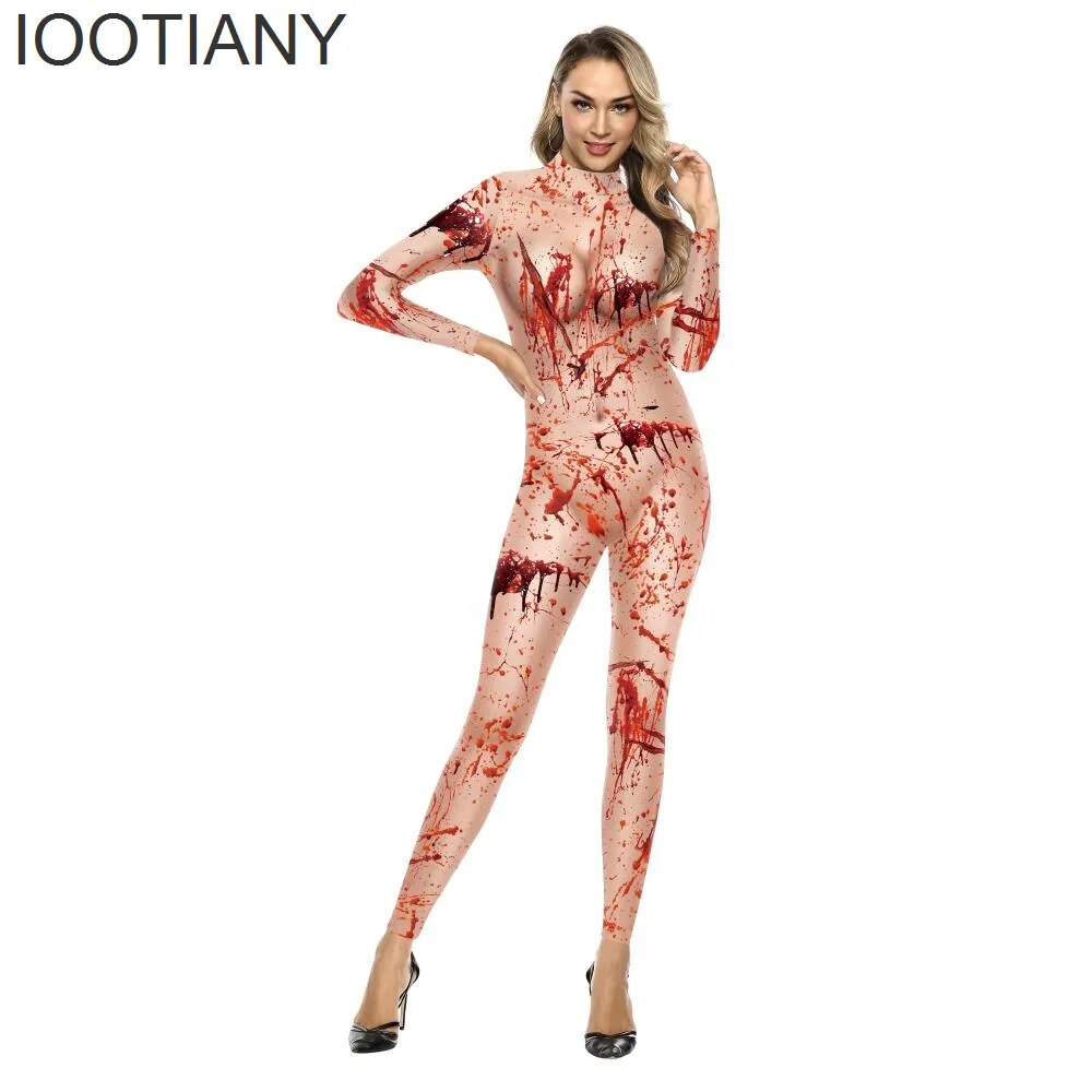 IOOTIANY Bloody Bloodstains 3D Print Women Sexy Jumpsuit Halloween Horror Carnival Cosplay Costumes Fancy Bodysuit Party Rompers