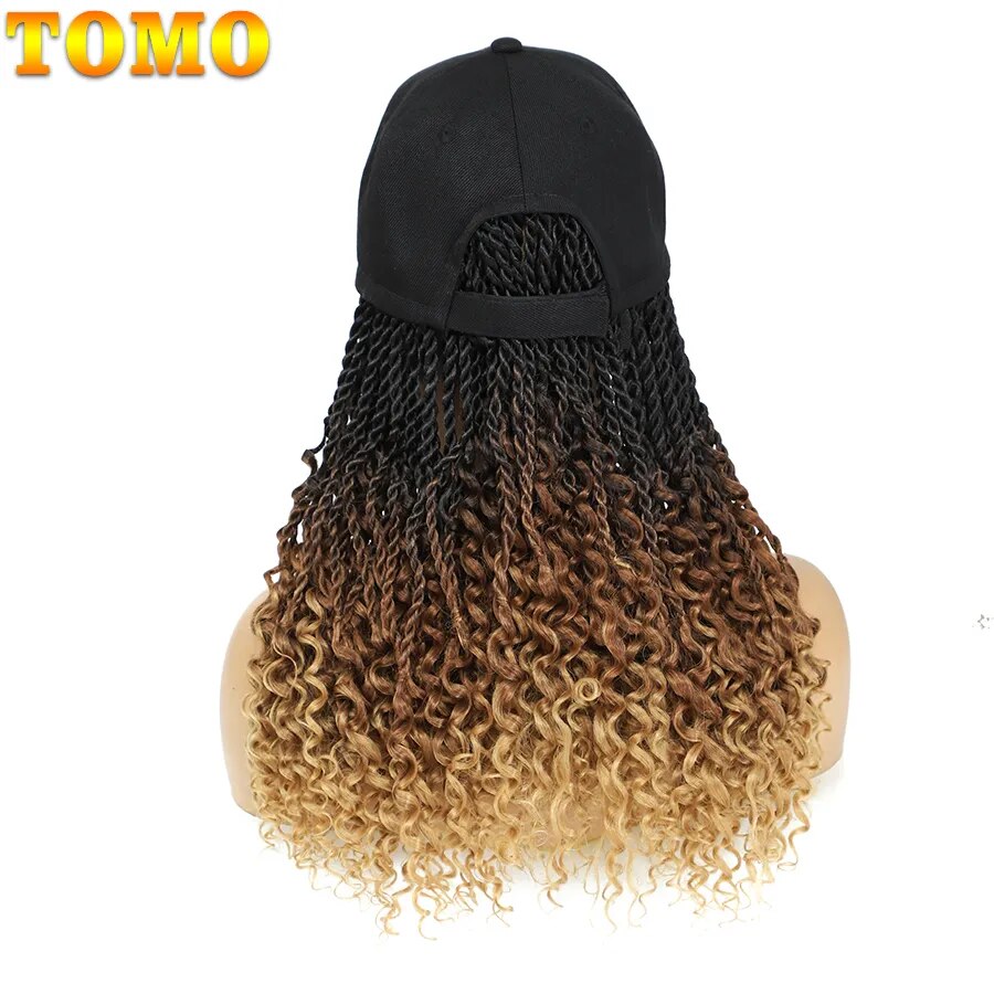 TOMO Short Synthetic Baseball Cap Wig with Senegalese Twist for Women 14Inch Daily Wear Black Hat Wig Adjustable For Girls