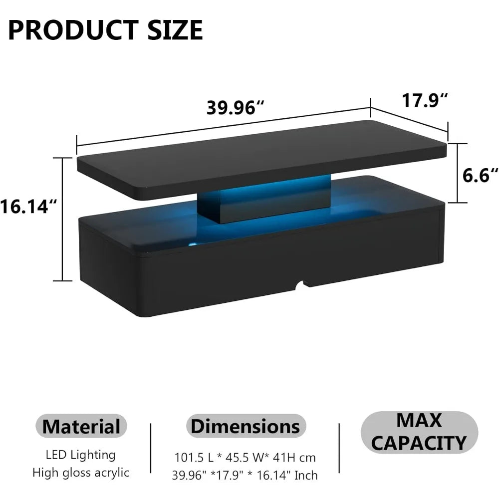 Furniture - Table 16 color LED lights - Living Room table Two level design Black luxury coffee table