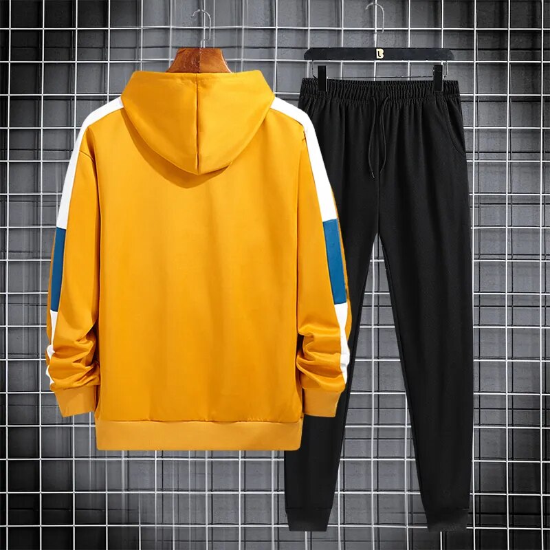 Men's plush fashion casual suit long sleeved hooded sweater and pants
