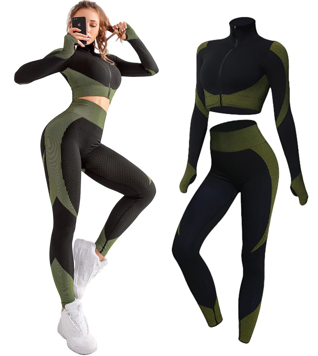 CZGUKE Women 3pcs Seamless Workout Outfits Sets Yoga Sportswear Tracksuit Leggings and Stretch Sports Bra Fitness