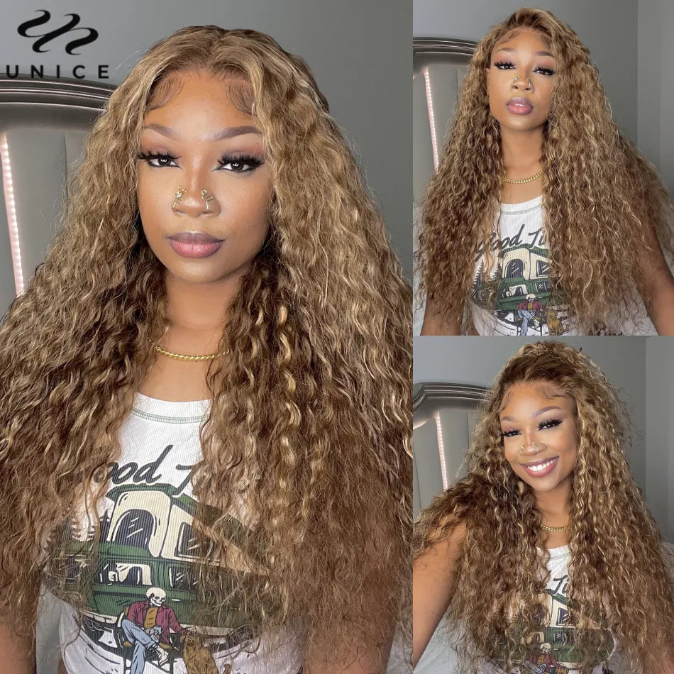 UNice Hair Mixed Brown Blonde Highlight Water Wave 13x4 Lace Front Wig Human Hair Preplucked HD Lace Wear Go Glueless Wig