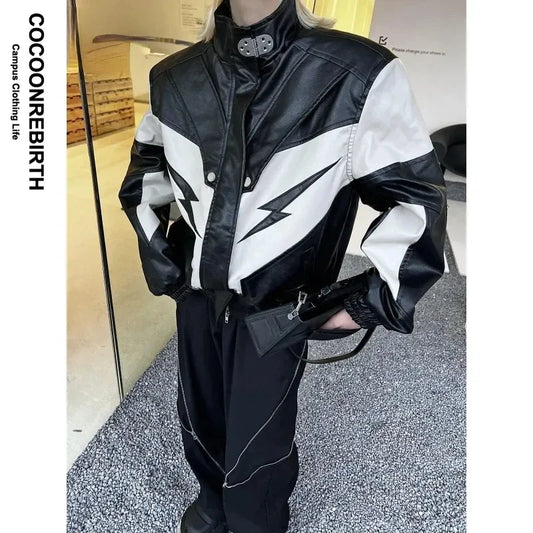 Bomber Leather Jacket Women Men Short Patchwork PU Motorcycle Coat Female Vintage Bicycle Fashion Outwear Spring Autumn 2023