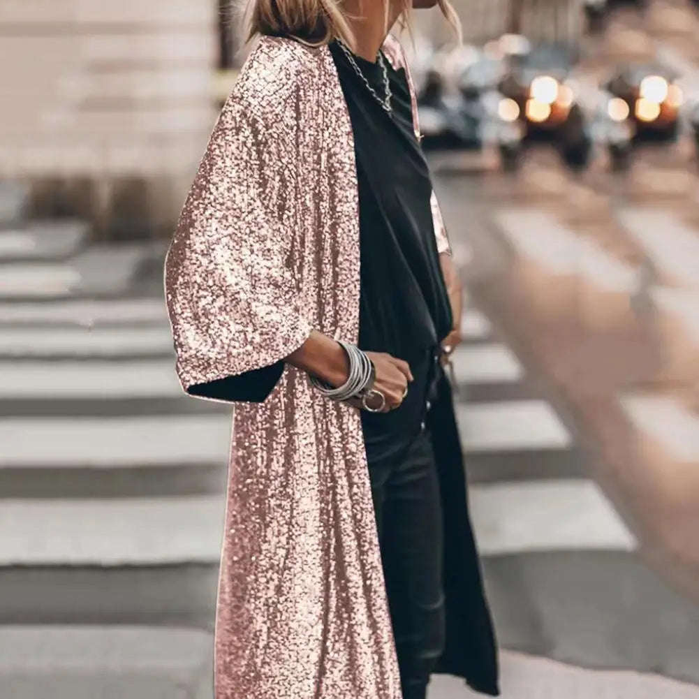 Spring Autumn Women Sequins Blazer Sequin Shimmer Jacket Top Casual Long Sleeve Glitter Party Shiny Lapel Coat Outerwear