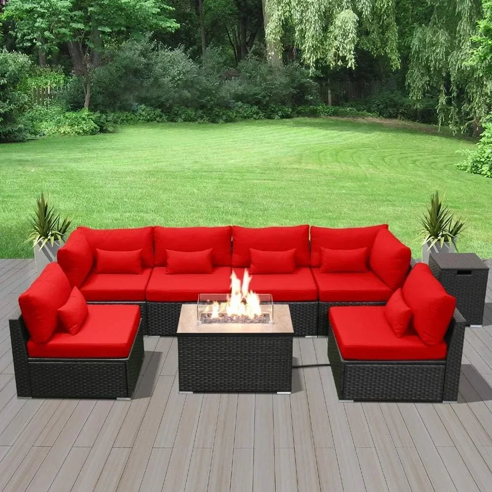 Furniture Sectional Sofa with Gas Fire Pit Table Outdoor Patio Furniture Sets Propane Fire Pit red-Rectangular Garden Sofas