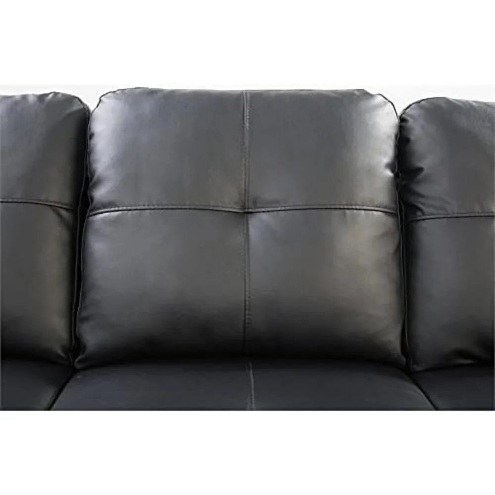 Living Room Sofa, L-Shape PU Leather Sectional Couch Set with Storage, Chaise, Ottoman, 2 Cup Holders & 2 Toss Pillow, Black