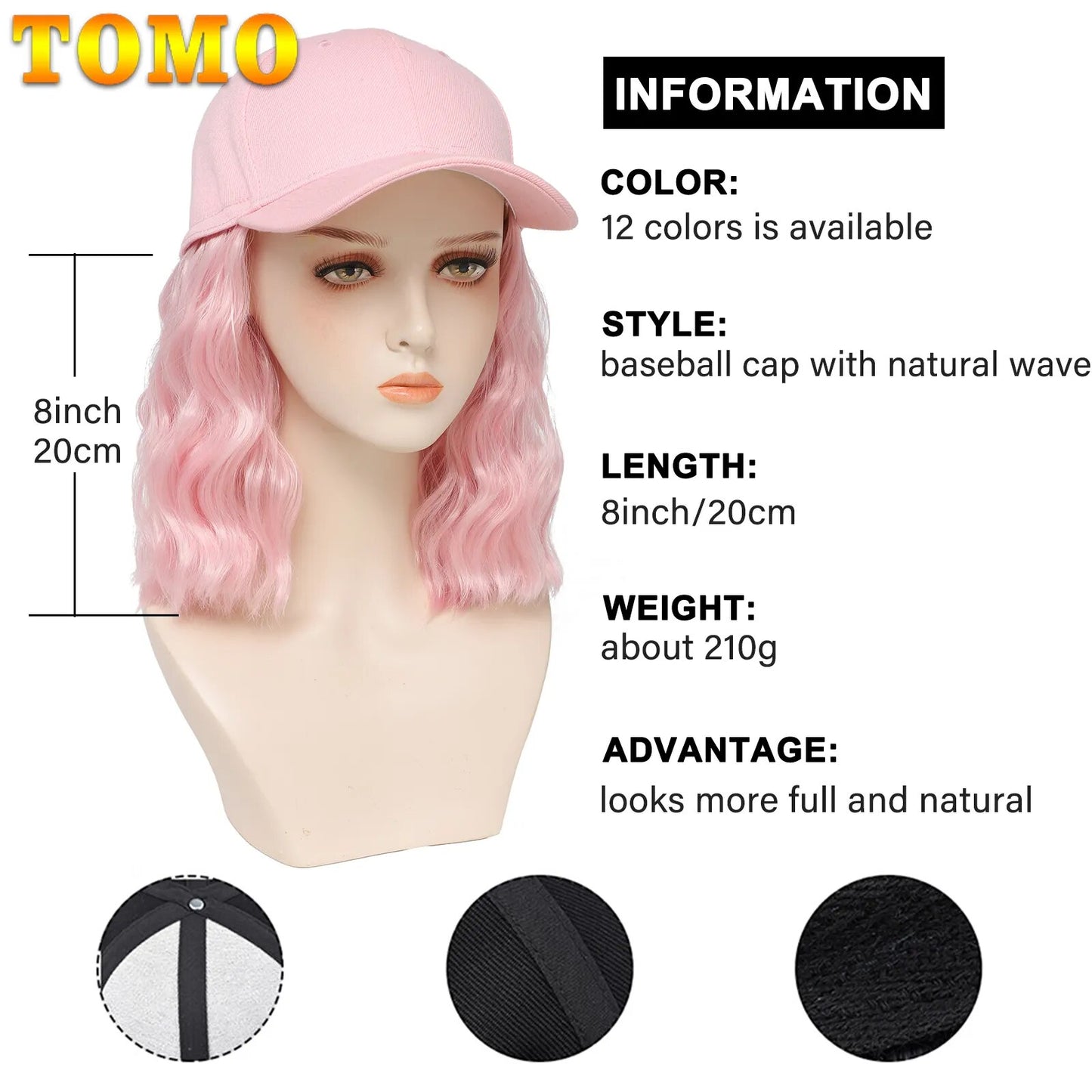 TOMO Short Pink Bob Baseball Cap Wig Adjustable Synthetic Natural Nave Wigs Hat Seamless Connection Hair Extension for Women