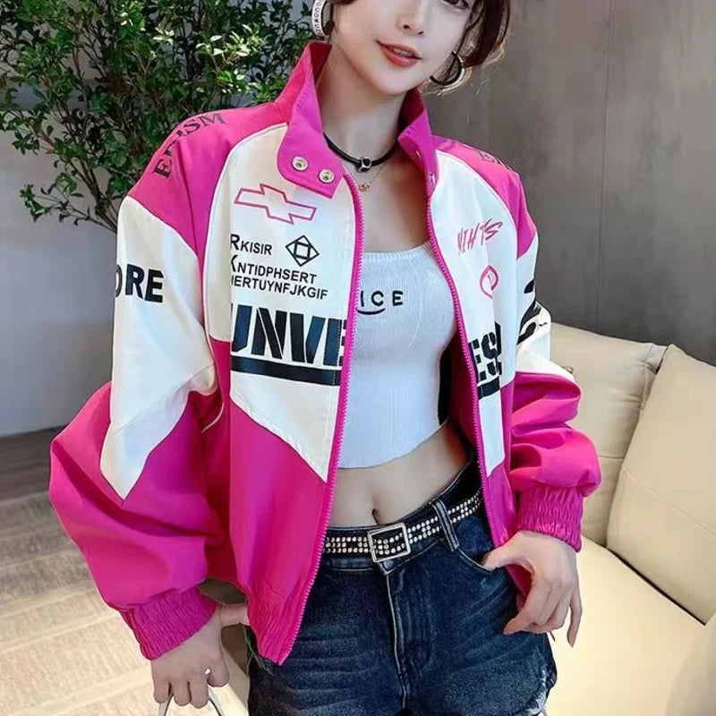 American Retro Hot Pink Patchwork Racer Jacket For Women Y2k Zipper 2023 New Loose Oversize Fitting Casual Bomber Jacket Coat