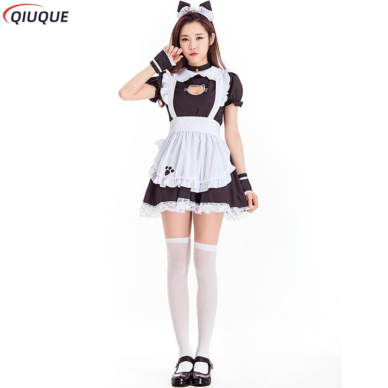 Black Lolita Dresses Maid Outfit Cute Cat Cosplay Costume Women Suit Apron Dress Halloween Costumes