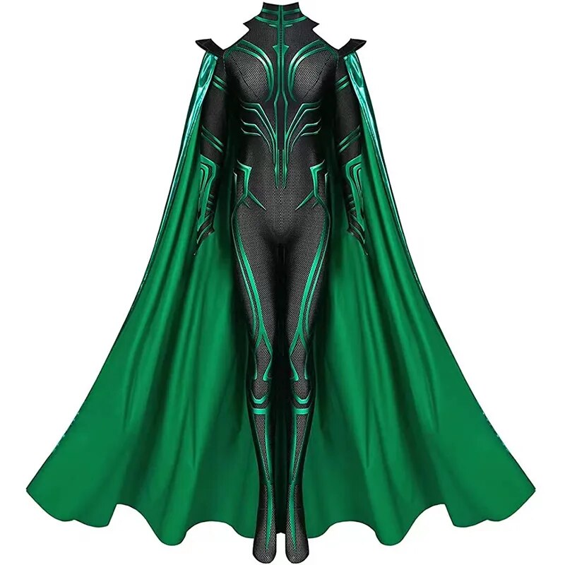 Marvel Thor 3 Ragnarok Supervillain Hela Cosplay Costume Jumpsuit Bodysuit Cloak Halloween Cosplay Costumes for Aldult Women