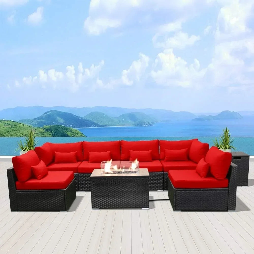 Furniture Sectional Sofa with Gas Fire Pit Table Outdoor Patio Furniture Sets Propane Fire Pit red-Rectangular Garden Sofas