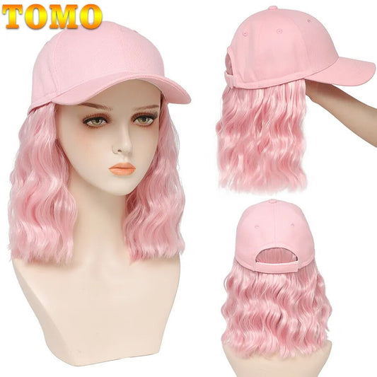 TOMO Short Pink Bob Baseball Cap Wig Adjustable Synthetic Natural Nave Wigs Hat Seamless Connection Hair Extension for Women