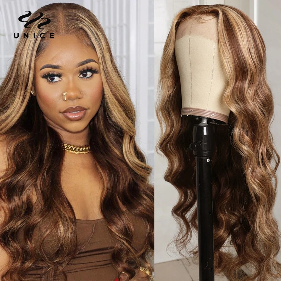 Unice Hair Blonde Highlight 13x4 Lace Frontal Wig Human Hair Wigs Pre plucked Brazilian Body Wave Wig T Part Lace Wig