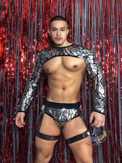 Bar Nightclub Men Dancer Pole Dancing Sexy Costume Band Festival Rave Stage Outfit Silver Laser Sequins Hooded Tops Shorts Set