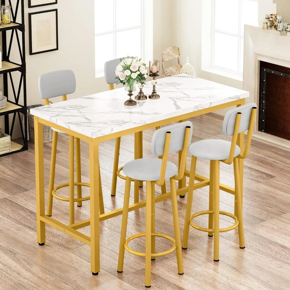 Dining Table Set for 4, Bar Tables and Chair Sets Faux Marble Counter Height Dining Tables Set with 4 PU Upholstered Stool Table