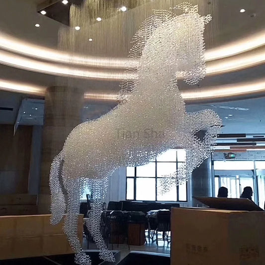 Customized Horse Sculpture Hotel Lobby Villa Salon Decoration Large Project LED Crystal Pendant Lighting Device