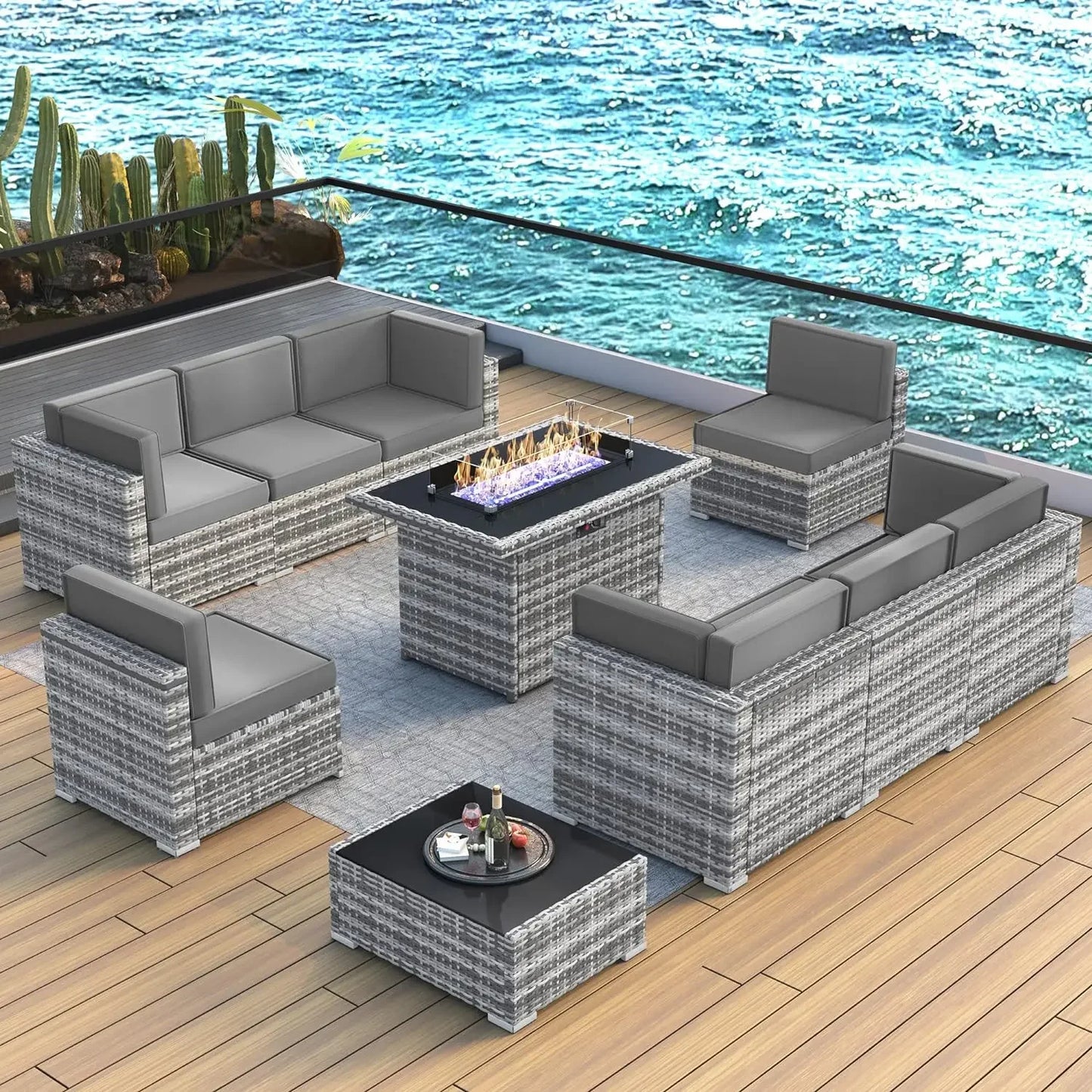 7/8 Piece Patio Furniture Set with 44" Propane Gas Fire Pit Table, Outdoor Sectional Conversation Set Wicker Rattan Sofa Set