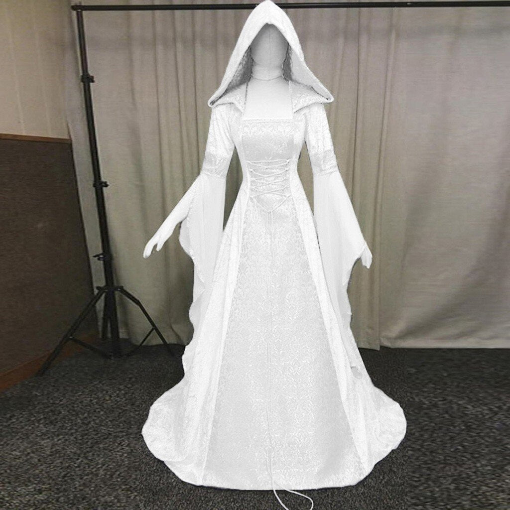 Medieval Renaissance Maxi Train Dress Women Halloween Devil Pagan Witch Wedding Costume Hooded Gown Robe Cosplay Costume