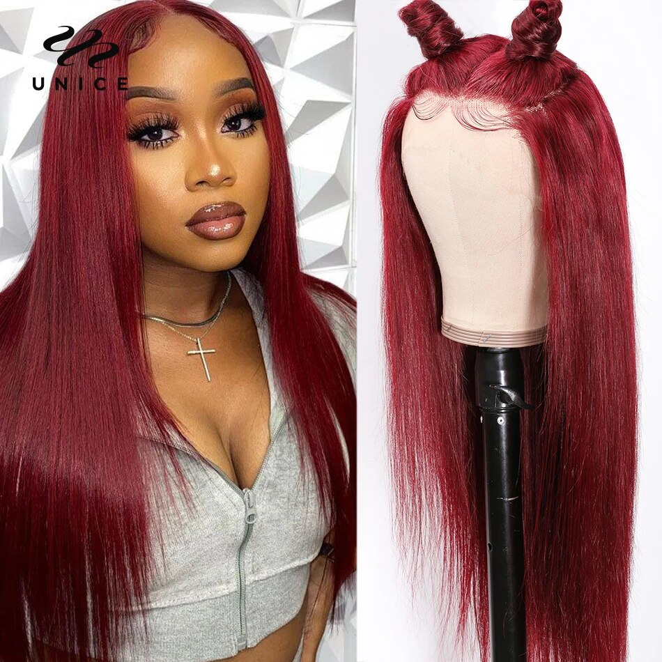 Unice Hair Burgundy 13x4 Lace Front Wig Human Hair Wigs Pre Plucked 99J Transparent Lace Front Human Hair Wigs for Women