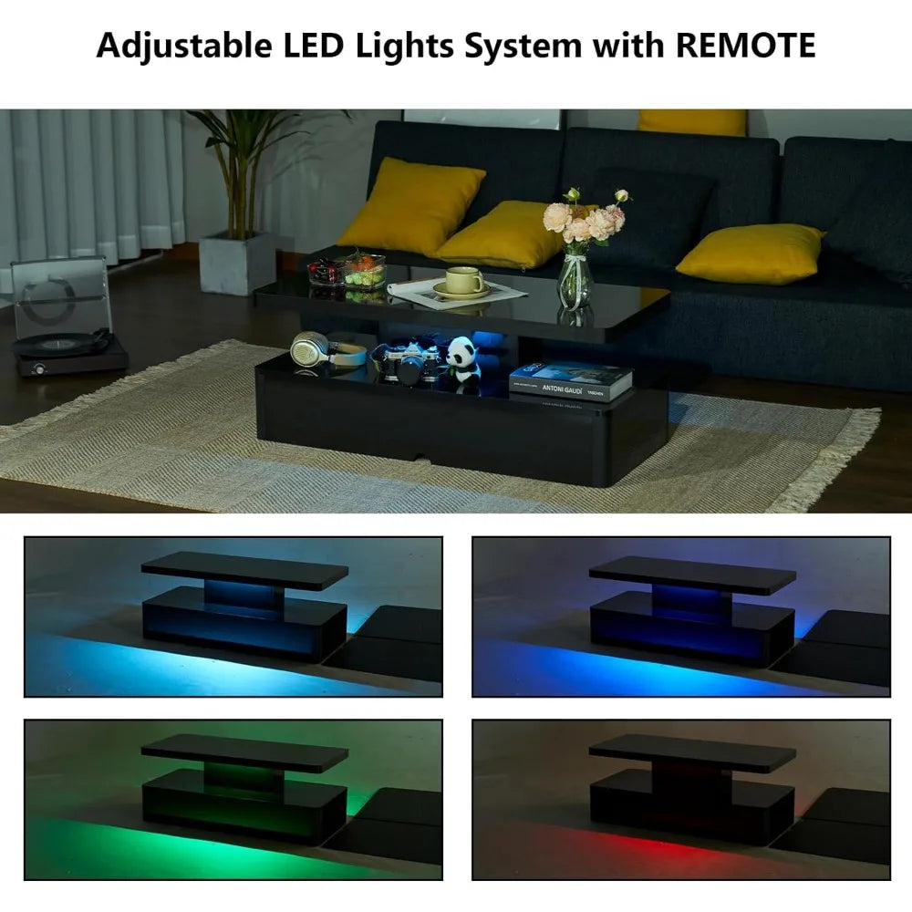 Furniture - Table 16 color LED lights - Living Room table Two level design Black luxury coffee table