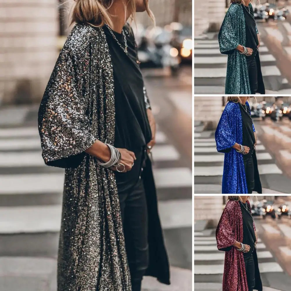 Spring Autumn Women Sequins Blazer Sequin Shimmer Jacket Top Casual Long Sleeve Glitter Party Shiny Lapel Coat Outerwear