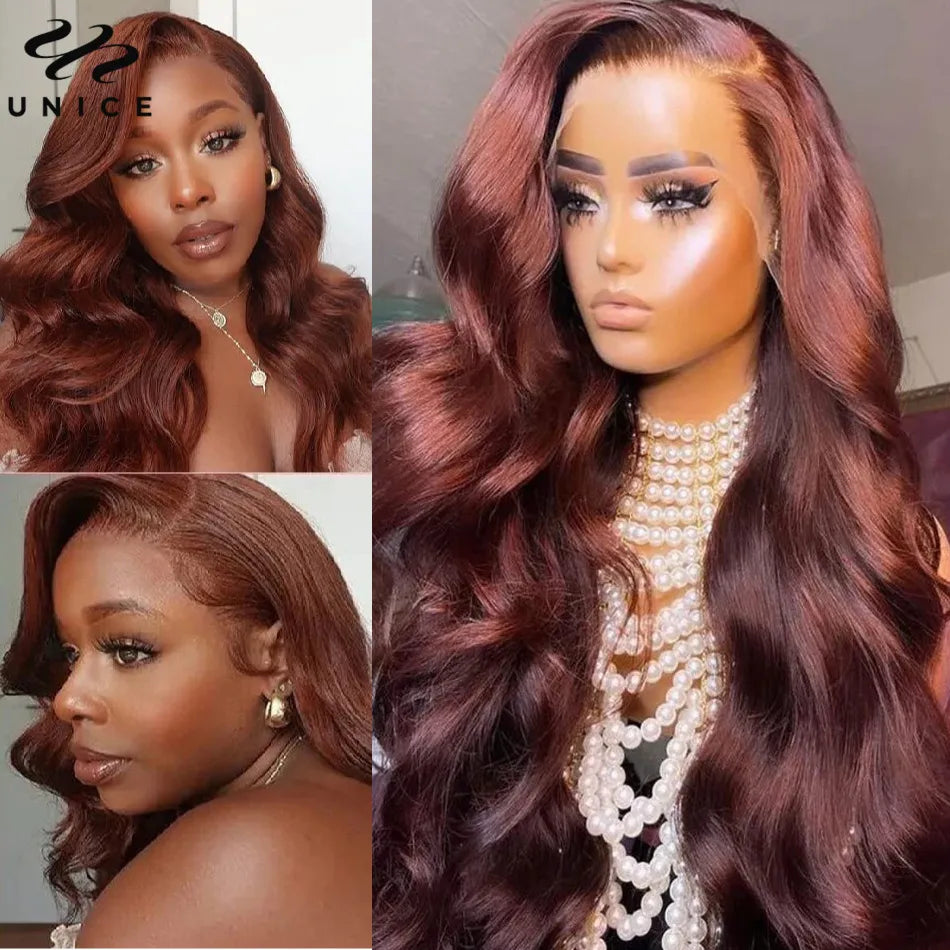 UNice Reddish Brown Body Wave 13x4 Lace Front Wig Human Hair Preplucked Pre-Cut 6x4.75 Lace Wear Go Glueless Wig for Women