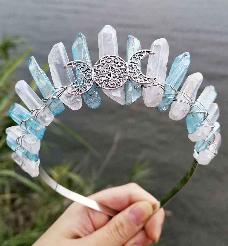 Raw Crystal Tiara Crown Headband Princess Bridal Wedding Hair Band Witch Costume Headpiece for Women Girls