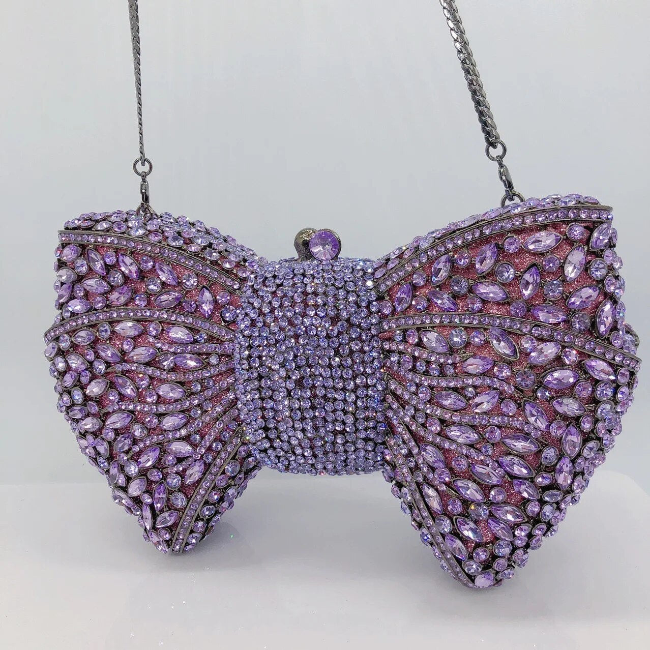 Light Purple Bow Rhinestone Evening Bag Hard Metal Crystal Wedding Handbags Bridal Party Cluches Diamond Women Cocktail Purses