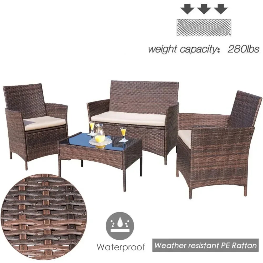 Outdoor Indoor Use Backyard Porch Garden Poolside Balcony Sets Brown and Beige 4 Pieces Furniture Outdoor Furniture Set