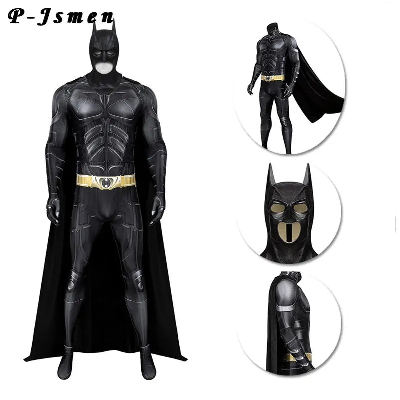 P-Jsmen Adult Dark Knight Cosplay Costume Bruce Wayne Jumpsuit Superhero Battle Costume Printing Halloween Bat Outfit + Mask