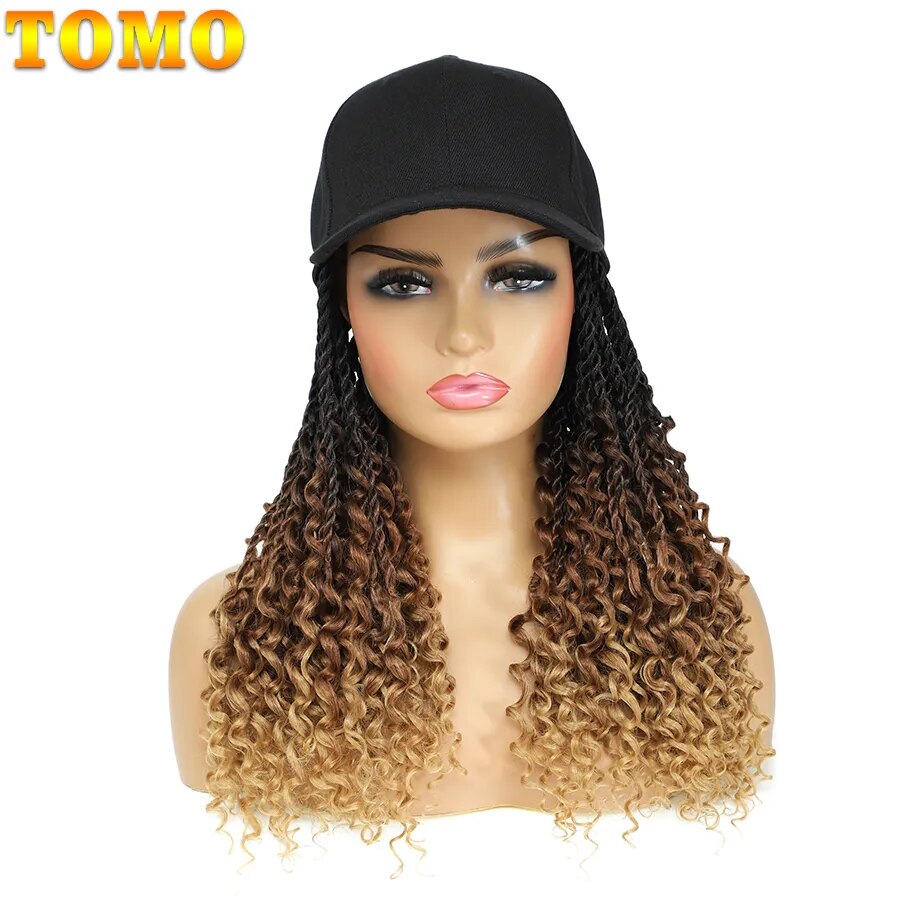 TOMO Short Synthetic Baseball Cap Wig with Senegalese Twist for Women 14Inch Daily Wear Black Hat Wig Adjustable For Girls