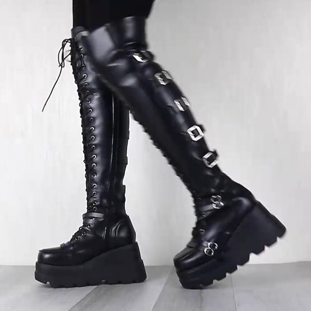 Brand Design Female High Platform Thigh High Boots Fashion Buckle Punk High Heels Boots Women Cosplay Wedges Shoes Woman