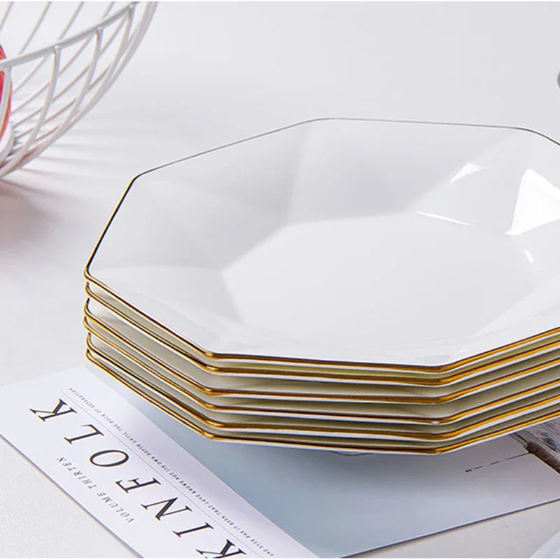 Phnom Penh Octagonal Steak Flat Plate Light Luxury Bone China Tableware Western Dinner Plate Household Kitchen Plates Sets