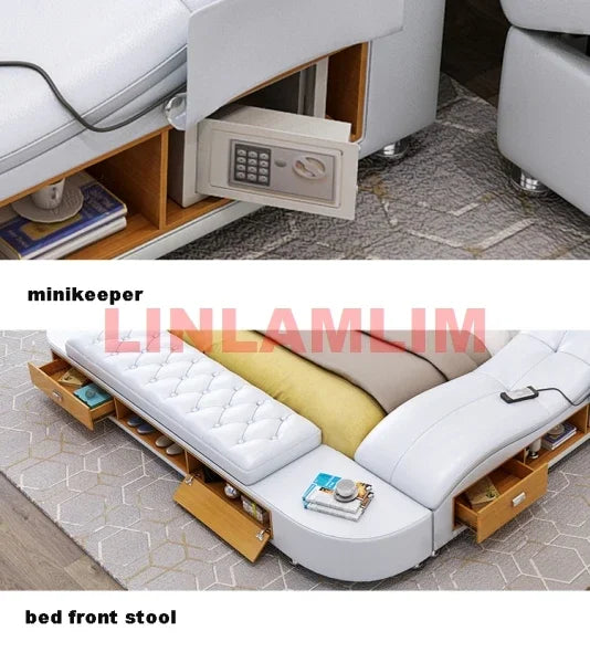 Linlamlim Genuine Leather Tech Smart Bed Multifunctional Beds Ultimate Massage Camas Upholstered Bed with Bluetooth,Speaker,USB