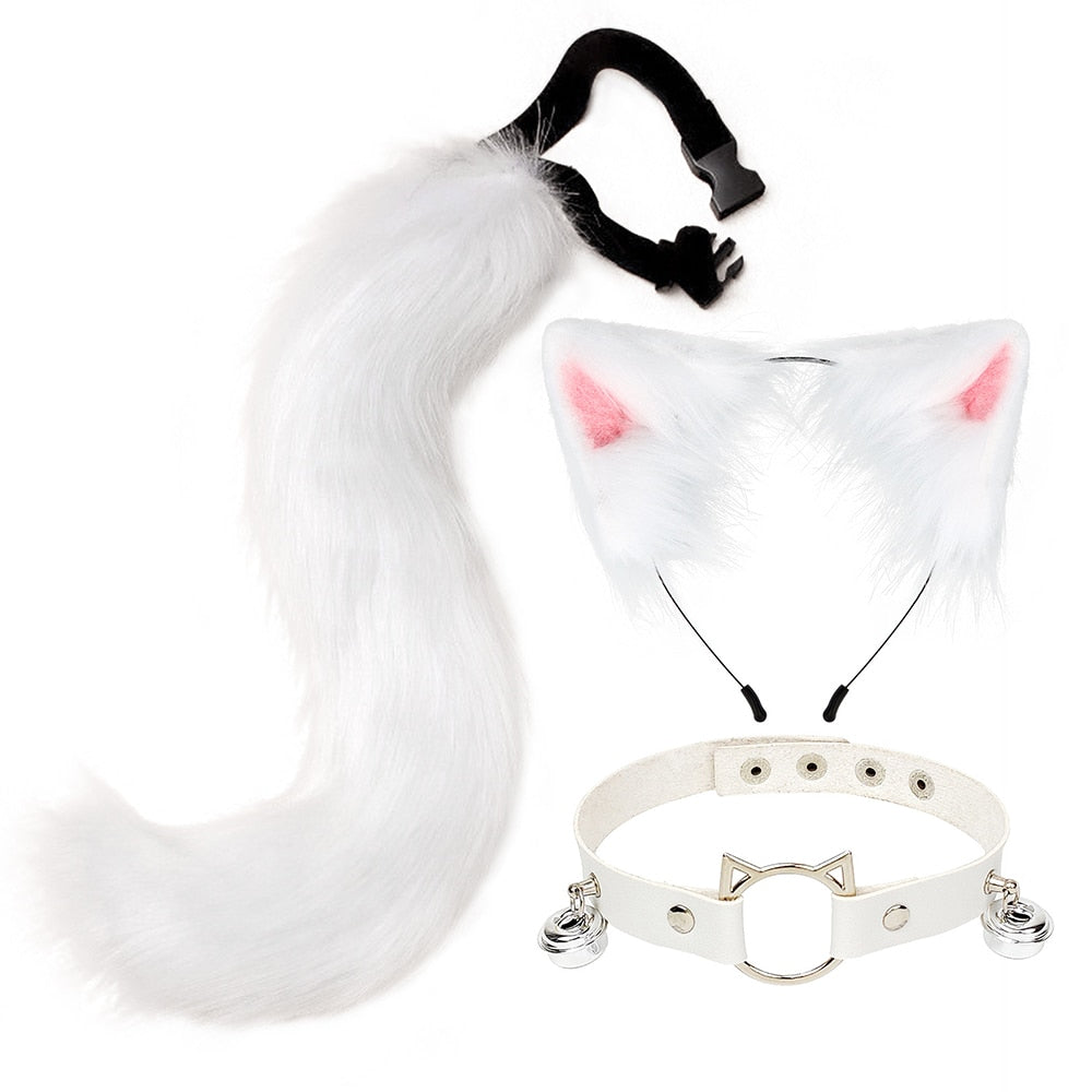 Lolita Plush Cat Ears Hair Clip Furry Wolf Tail with Faux Leather Bell Neck Choker Necklace Set Anime Animal Cosplay Costume