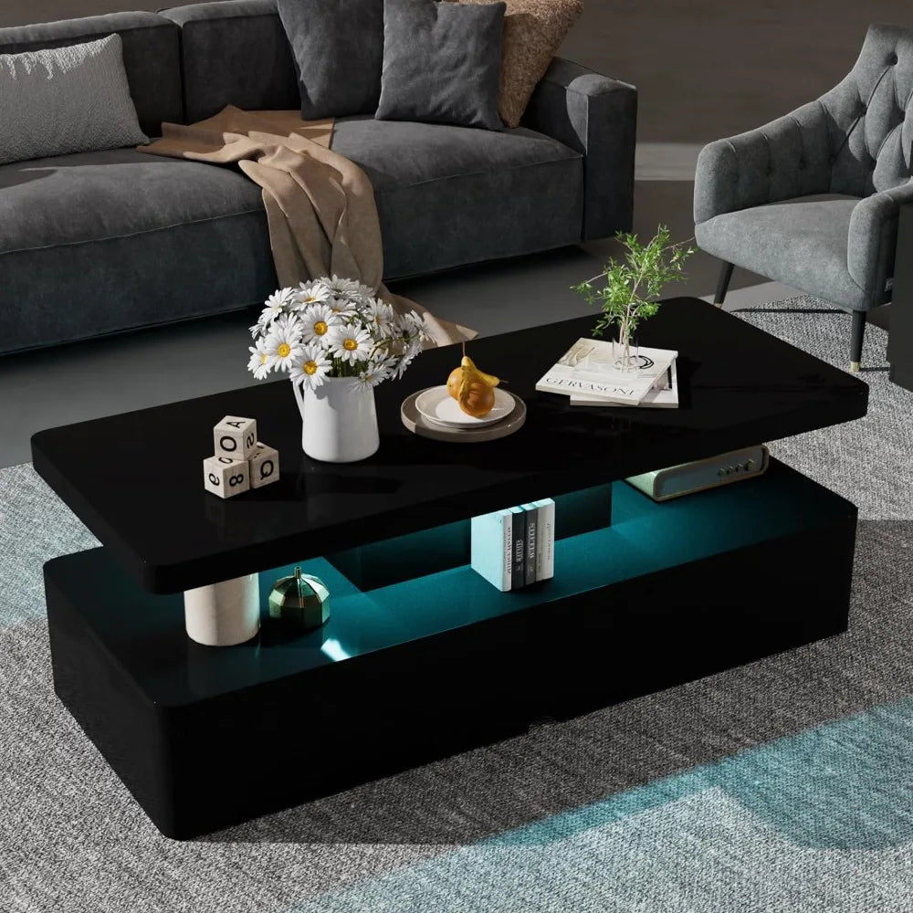 Furniture - Table 16 color LED lights - Living Room table Two level design Black luxury coffee table