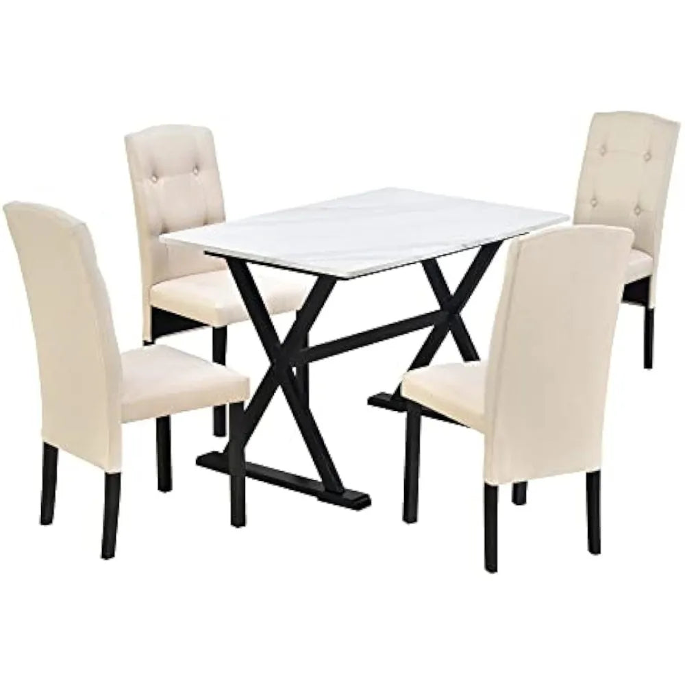 Dinning Tables Sets 5 Pieces Dining Table Set With Faux Marble Tabletop and Upholstered Chairs White+Beige Room Furniture Home