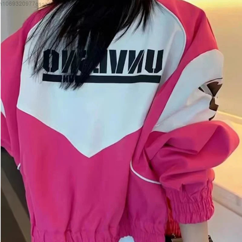 American Retro Hot Pink Patchwork Racer Jacket For Women Y2k Zipper 2023 New Loose Oversize Fitting Casual Bomber Jacket Coat