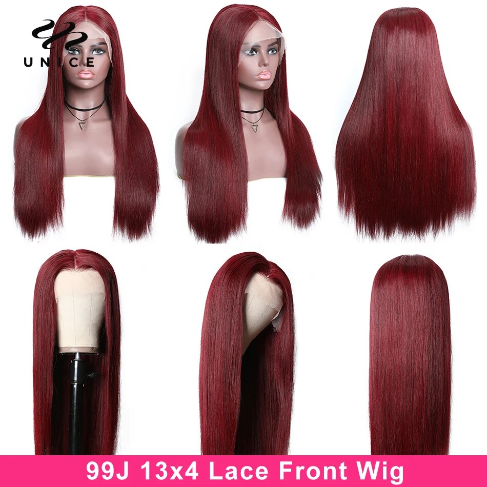 Unice Hair Burgundy 13x4 Lace Front Wig Human Hair Wigs Pre Plucked 99J Transparent Lace Front Human Hair Wigs for Women